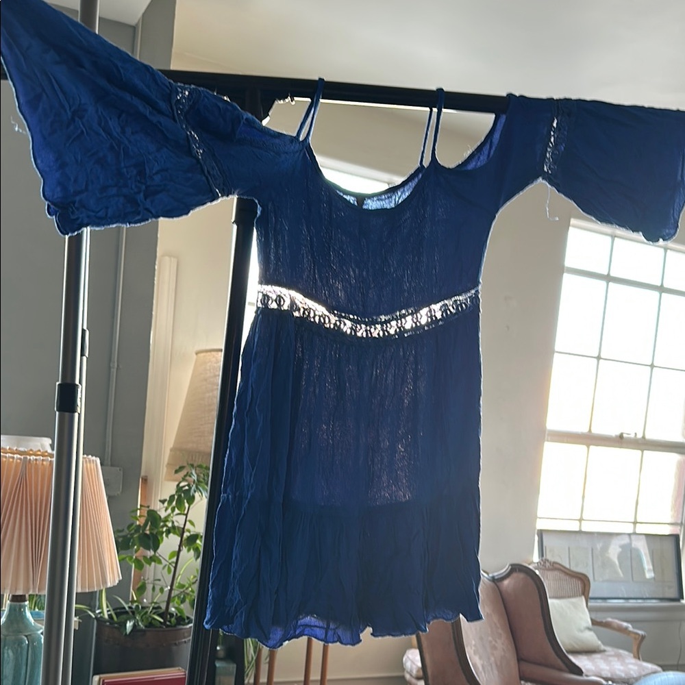 Cute Rayon Lace trim Electric Blue A shape relax fit summer dress mini shmini